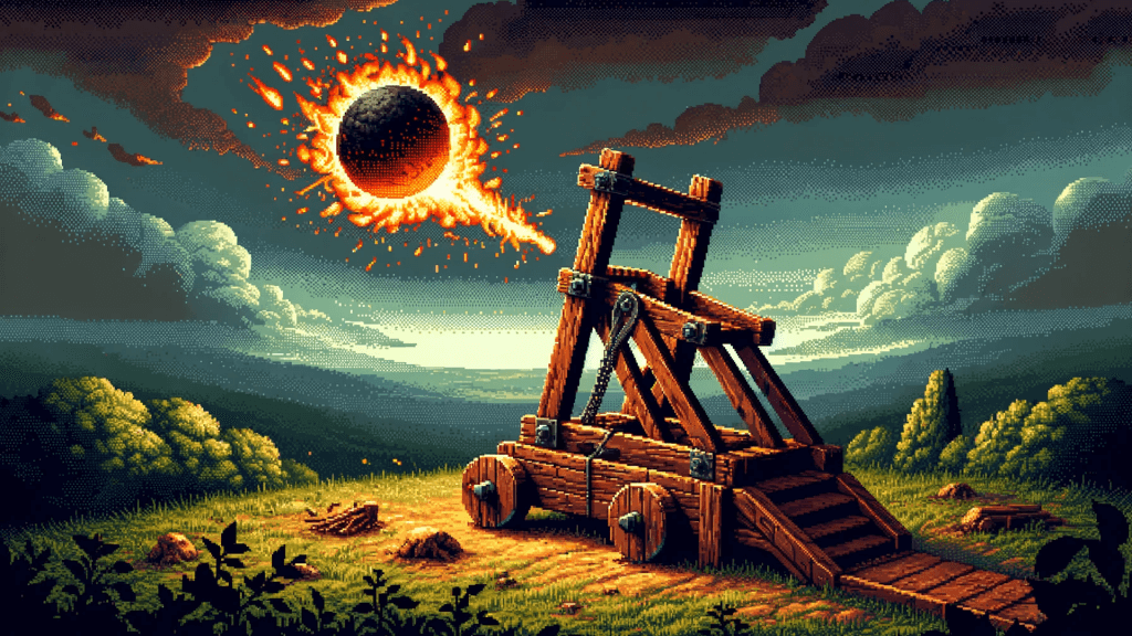 Artist depiction of catapult launching fireball – representing archaic way of launching web3 games