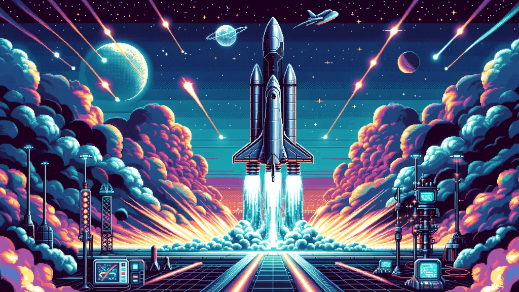 Artist depiction of a futuristic rocket launching into space – representing a better way to launch a web3 game