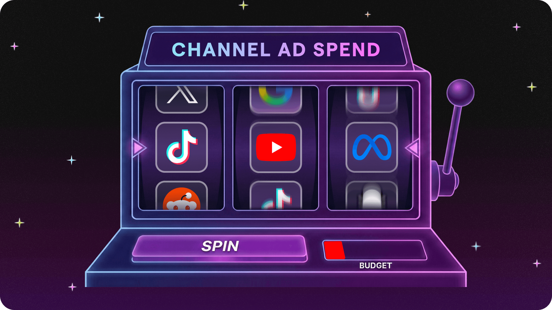 A slot machine graphic showing ad channel icons like Meta, Google, and TikTok, illustrating the risk of social media advertising without a strategic objective.