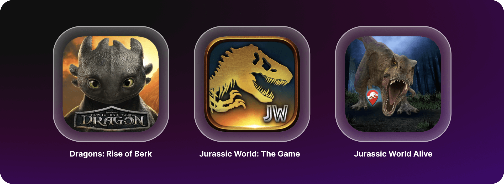 Ludia portfolio image showing the app icons for Dragons: Rise of Berk, Jurassic World: The Game, and Jurassic World Alive, highlighting key titles in an Upptic user acquisition and growth analytics case study.