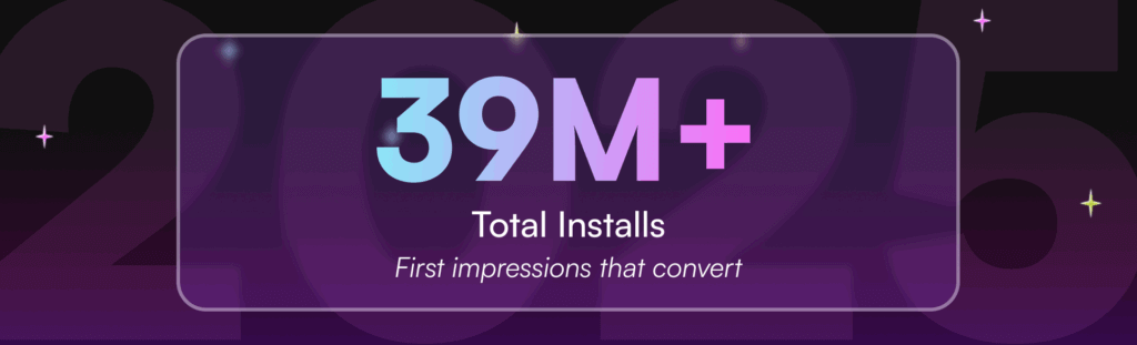 Upptic 2025 metric card showing 39M+ total installs