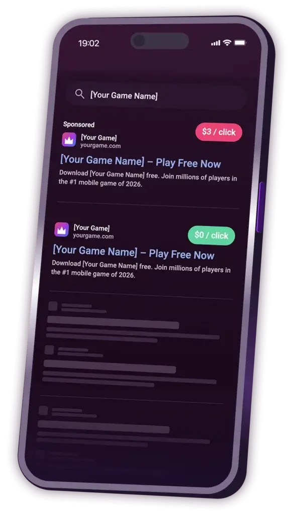 Mobile search results showing brand keyword cannibalization in UA: a $3 paid ad sits above the same game's $0 organic listing, capturing the same user.