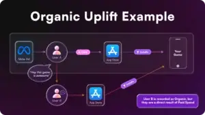 Flowchart diagram providing an organic uplift example, showing a user acquired through a paid Meta Ad driving a secondary organic app store install via word of mouth.
