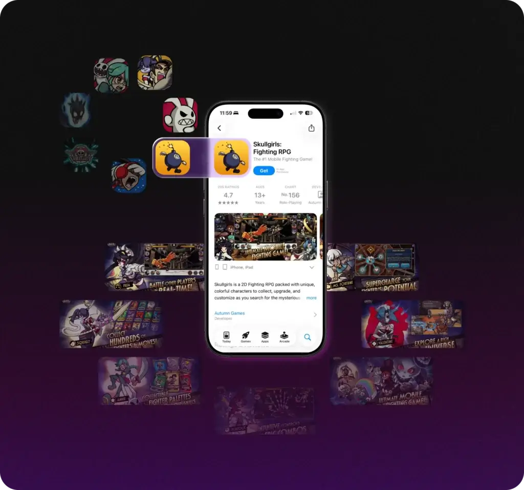 Visual representation of the User Acquisition to App Store Optimization (ASO) pipeline, showing ad creatives being tested and deployed as custom product pages and app store screenshots.