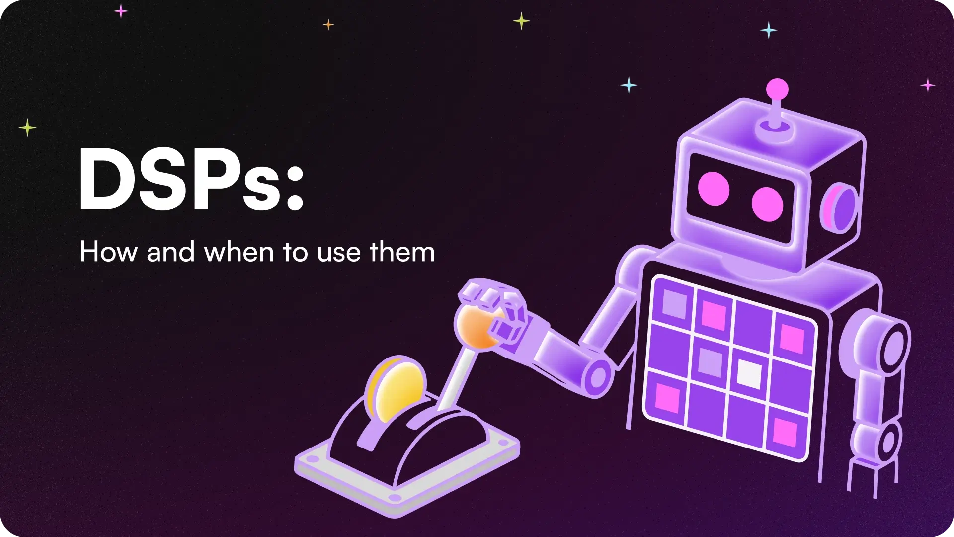 Header illustration for the Programmatic Advertising and Demand Side Platform (DSP) guide, depicting the mobile user acquisition ecosystem and bidding technology. "DSPs: How and whent o use them"