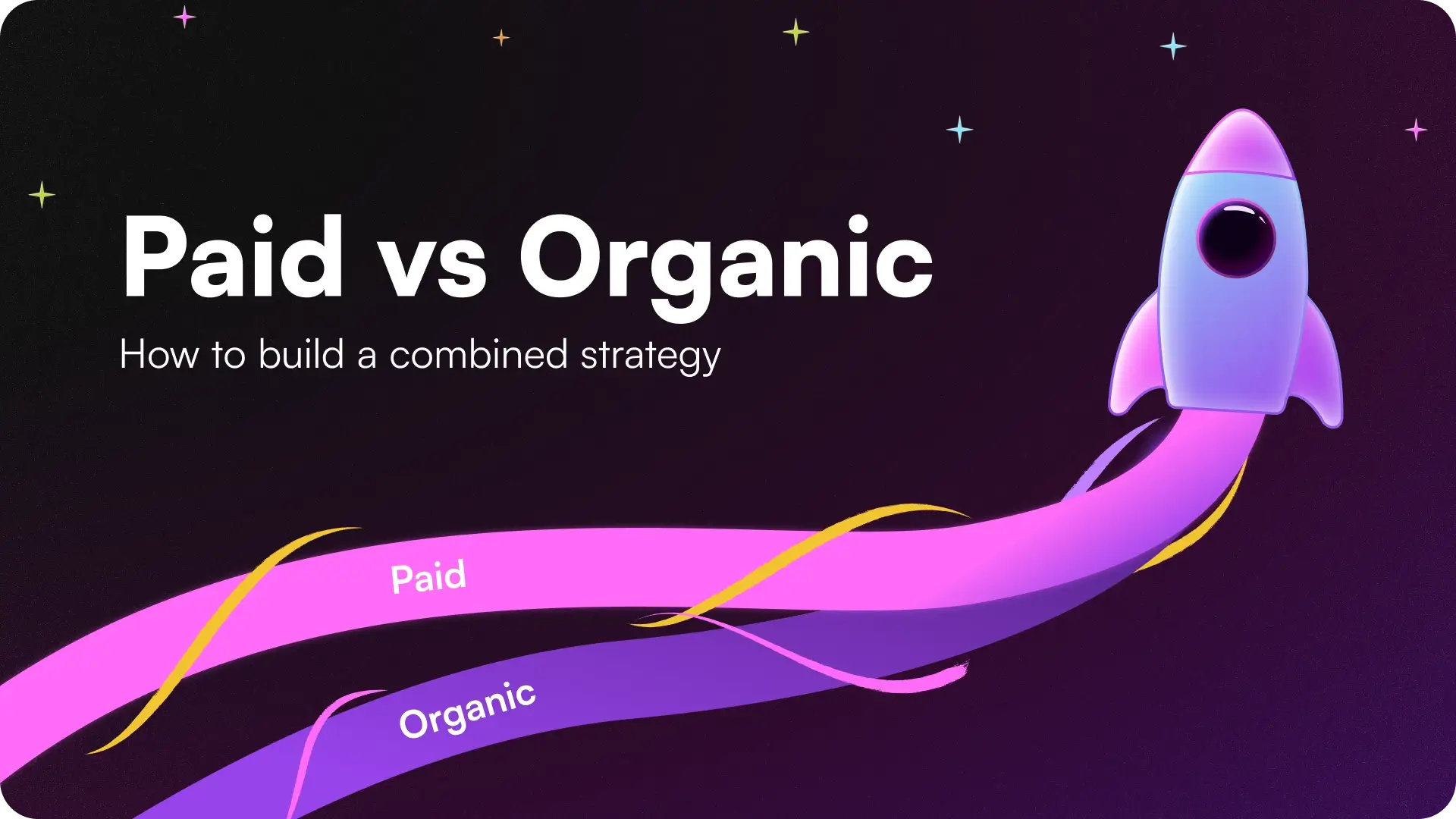 A rocket ship propelled by two merging exhaust trails labeled Paid and Organic, illustrating how a combined user acquisition strategy accelerates mobile app growth.