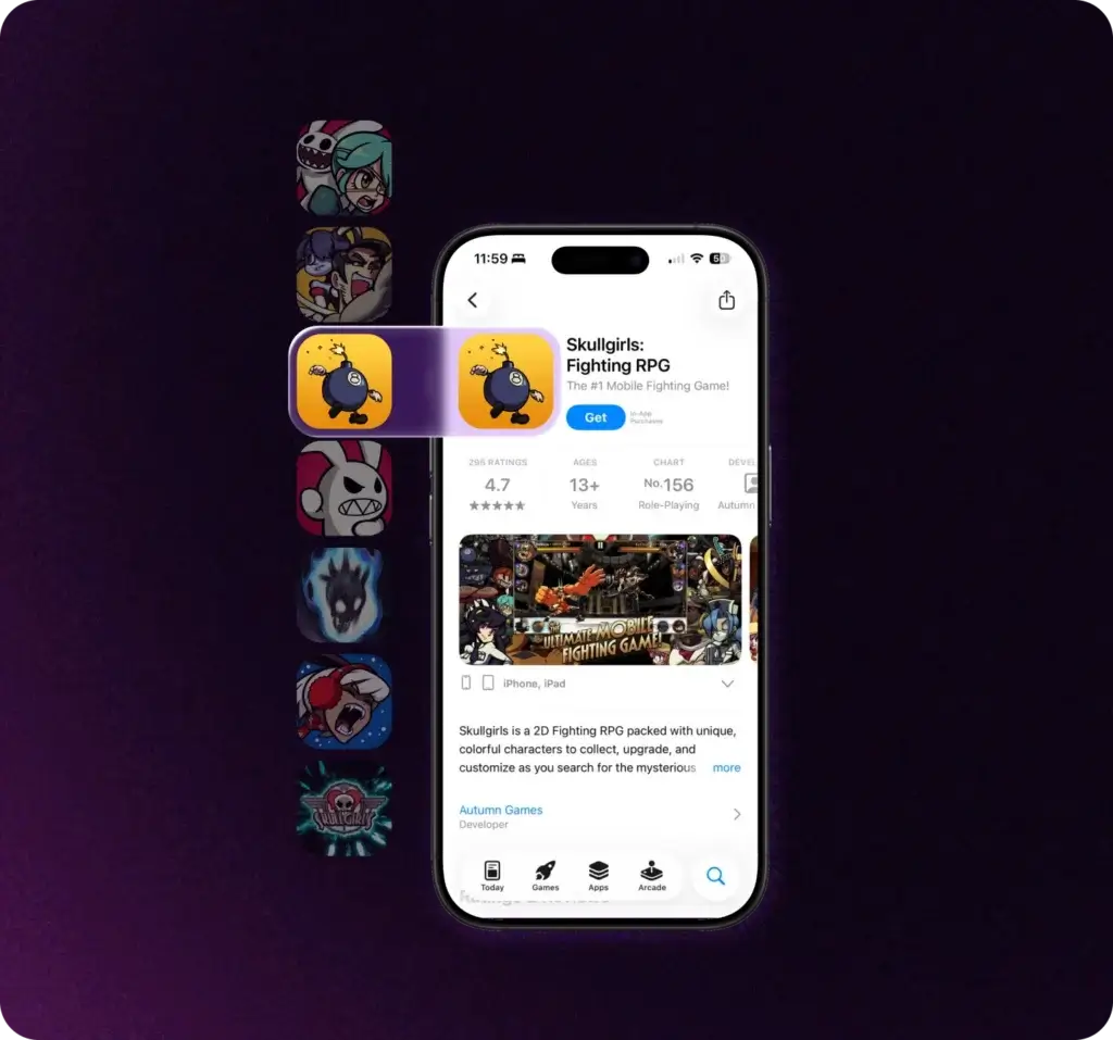 App Store interface for a mobile game demonstrating visual asset ASO testing by comparing two variations of the app icon.