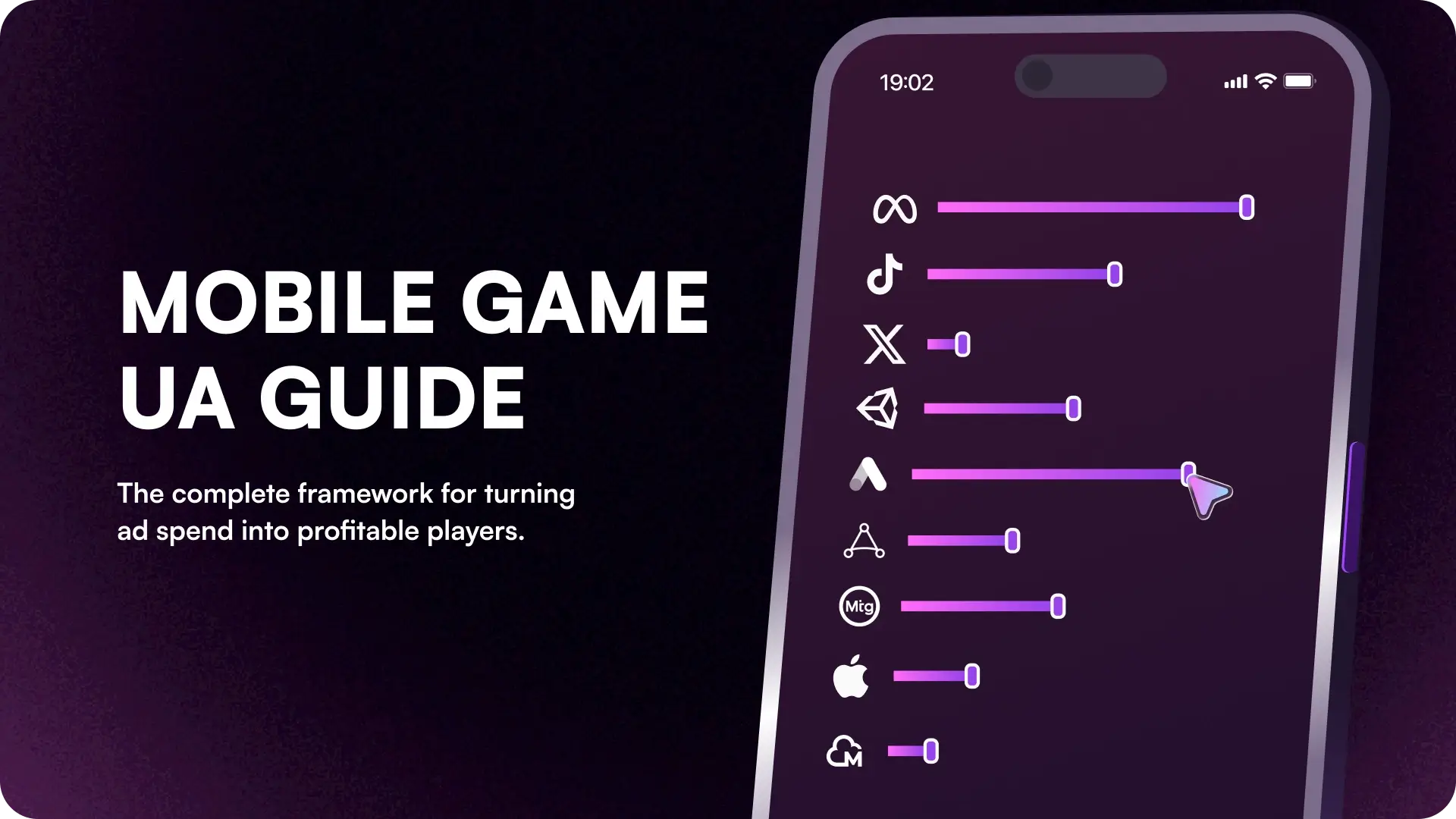 Mobile Game UA Guide hero graphic showing a smartphone interface with sliders adjusting ad network budgets for profitable user acquisition.